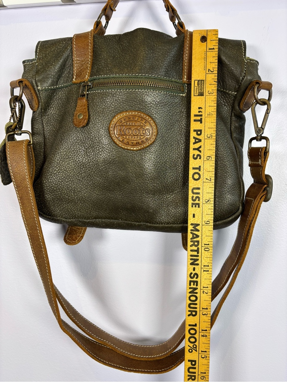 Vintage Roots Olive Green Leather Messenger Bag Purse with Tan Straps - Picture 7 of 10